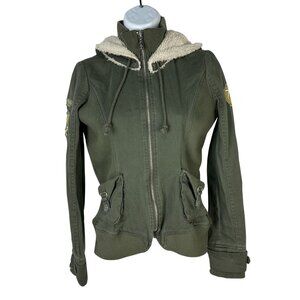 Affliction Black Premium Womens XS Green Military Style Hooded Jacket